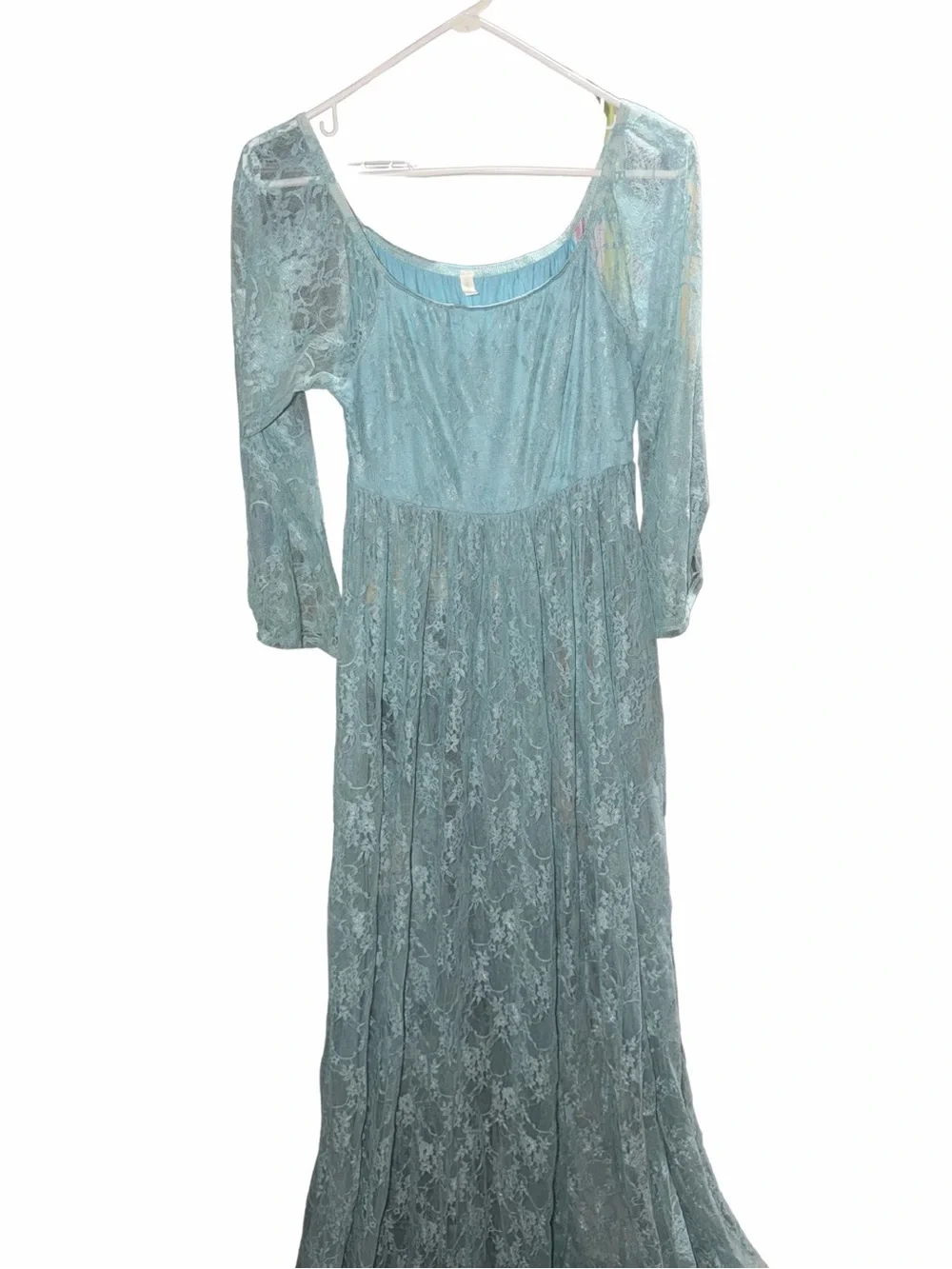 Pinkblush Light Blue Lace Maxi Dress with Long Sheer Sleeves - Picture 2 of 5